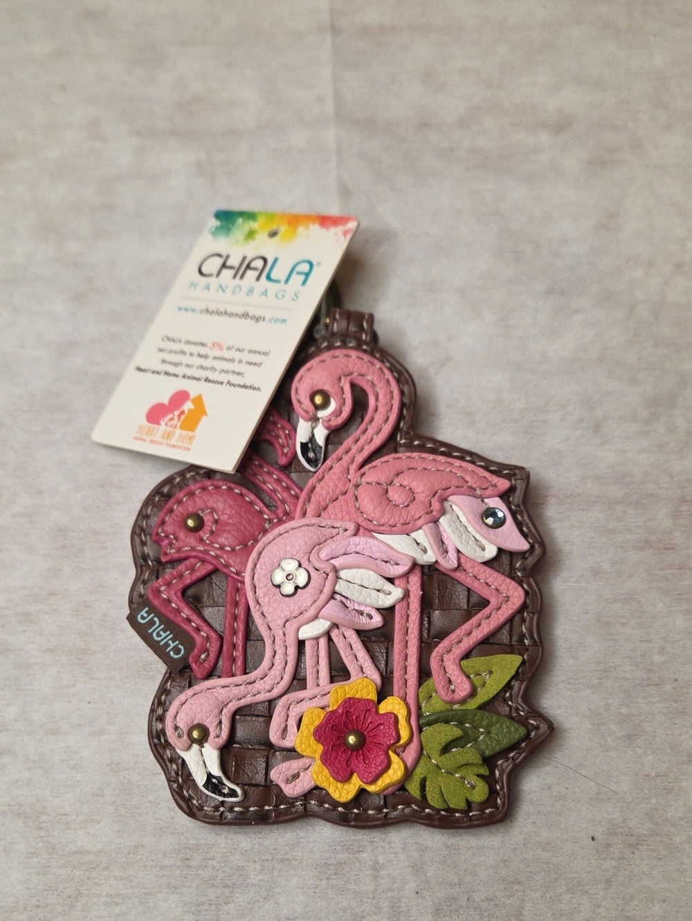 Chala Pink Flamingo Leather Bag Charm/Coin Purse with Floral Accent-NWT
